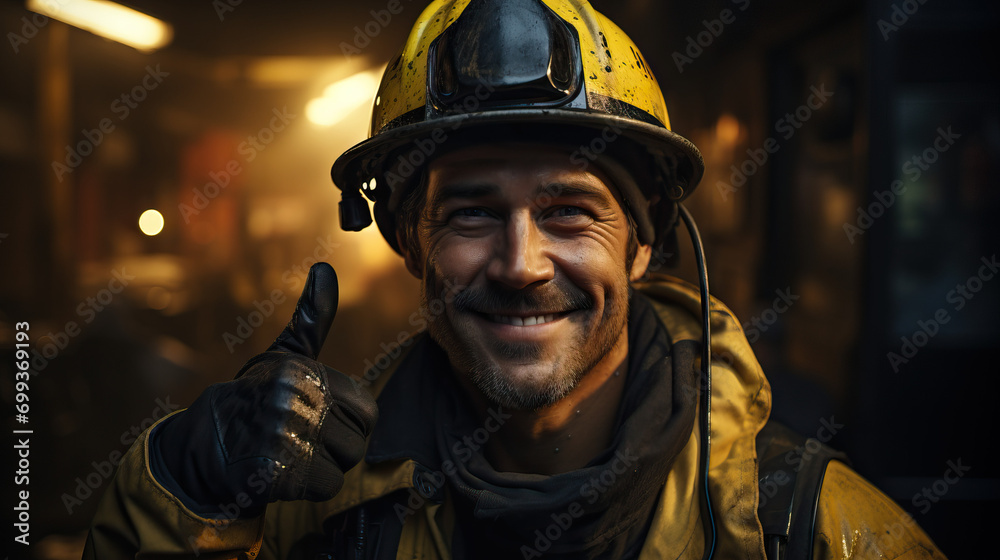 Smiling Firefighter Giving a Big Thumbs-Up Outside the Scene of a Fire, Signifying Safety and Success in Firefighting Efforts