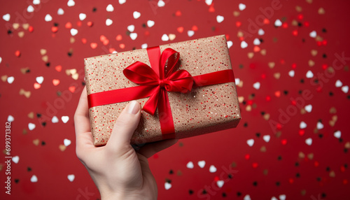 Celebration of love, hand holding shiny wrapped birthday gift generated by AI