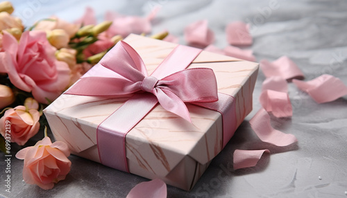 Birthday gift box wrapped in pink wrapping paper generated by AI
