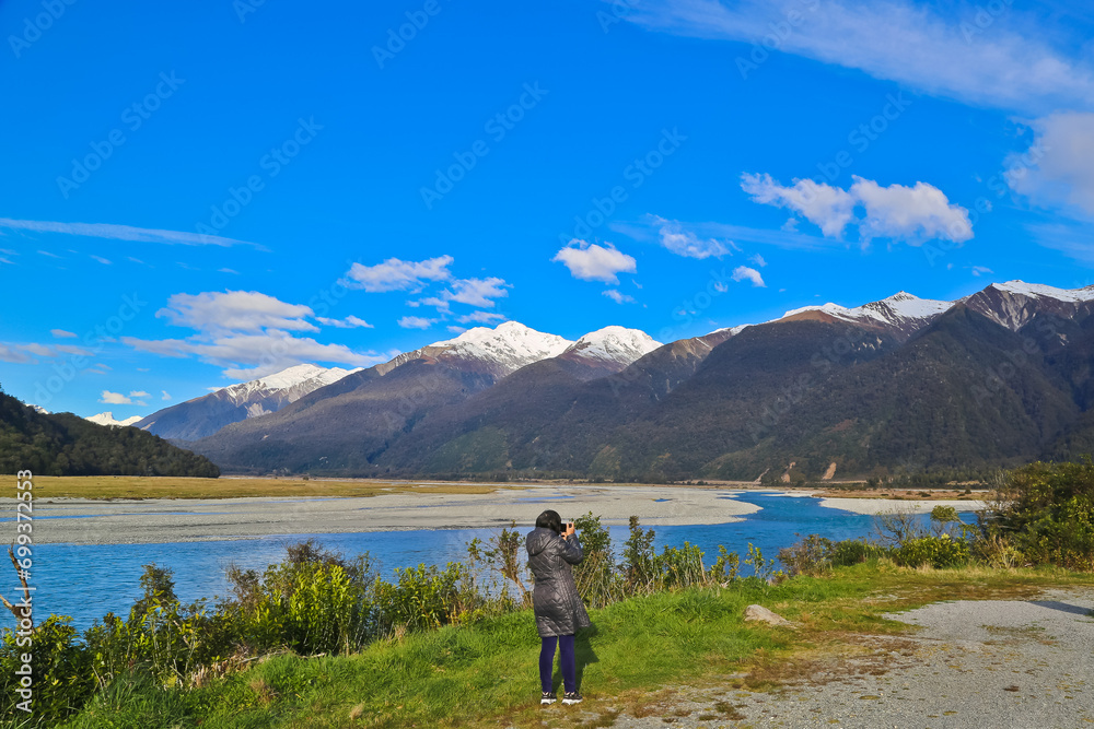 Beautiful Haast river and tourist in West Coast South Island New Zealand