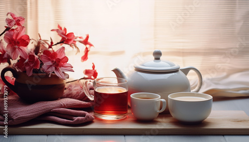 Hot tea in a wooden teapot on table generated by AI