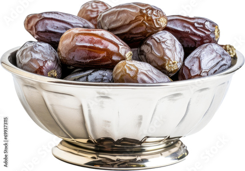 Date fruits fresh sweet dried healthy snack in a silver bowl plate isolated background photo