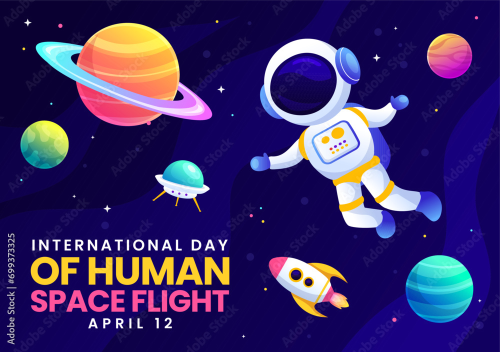 Naklejka premium International Day of Human Space Flight Vector Illustration on 12 April with Astronaut Standing on the Moon, Transmitter Satellites and Planets
