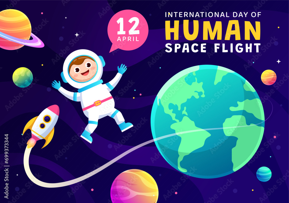 International Day of Human Space Flight Vector Illustration on 12 April with Astronaut Standing on the Moon, Transmitter Satellites and Planets