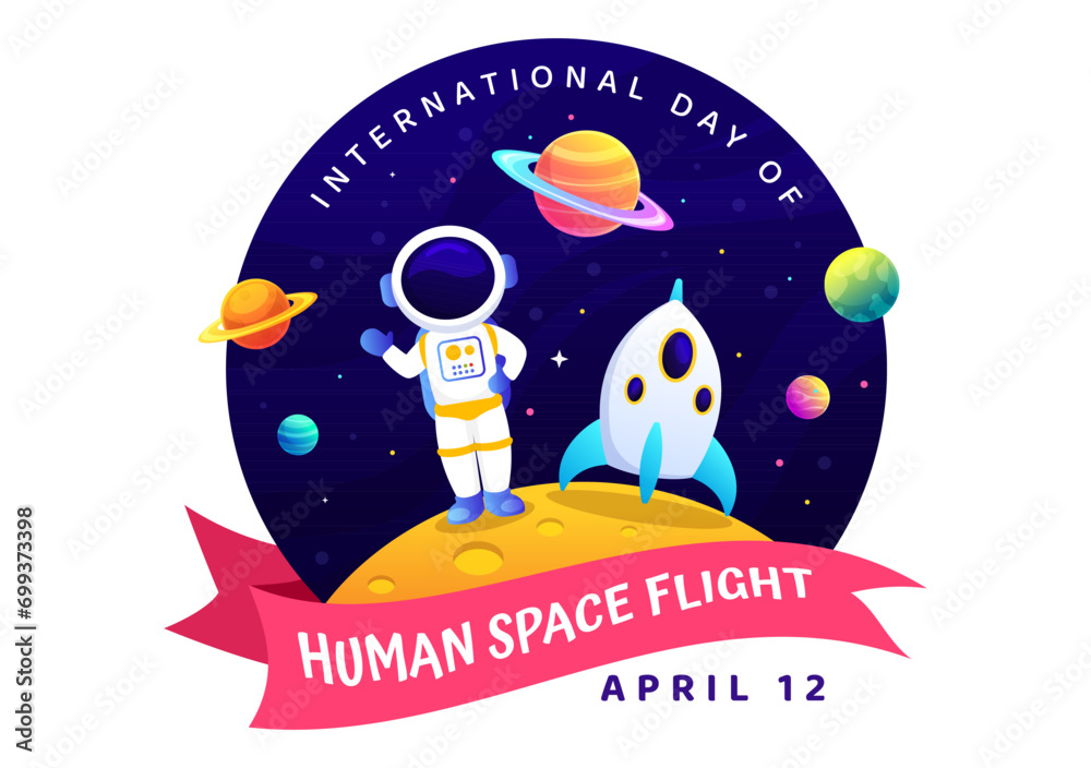 Fototapeta premium International Day of Human Space Flight Vector Illustration on 12 April with Astronaut Standing on the Moon, Transmitter Satellites and Planets