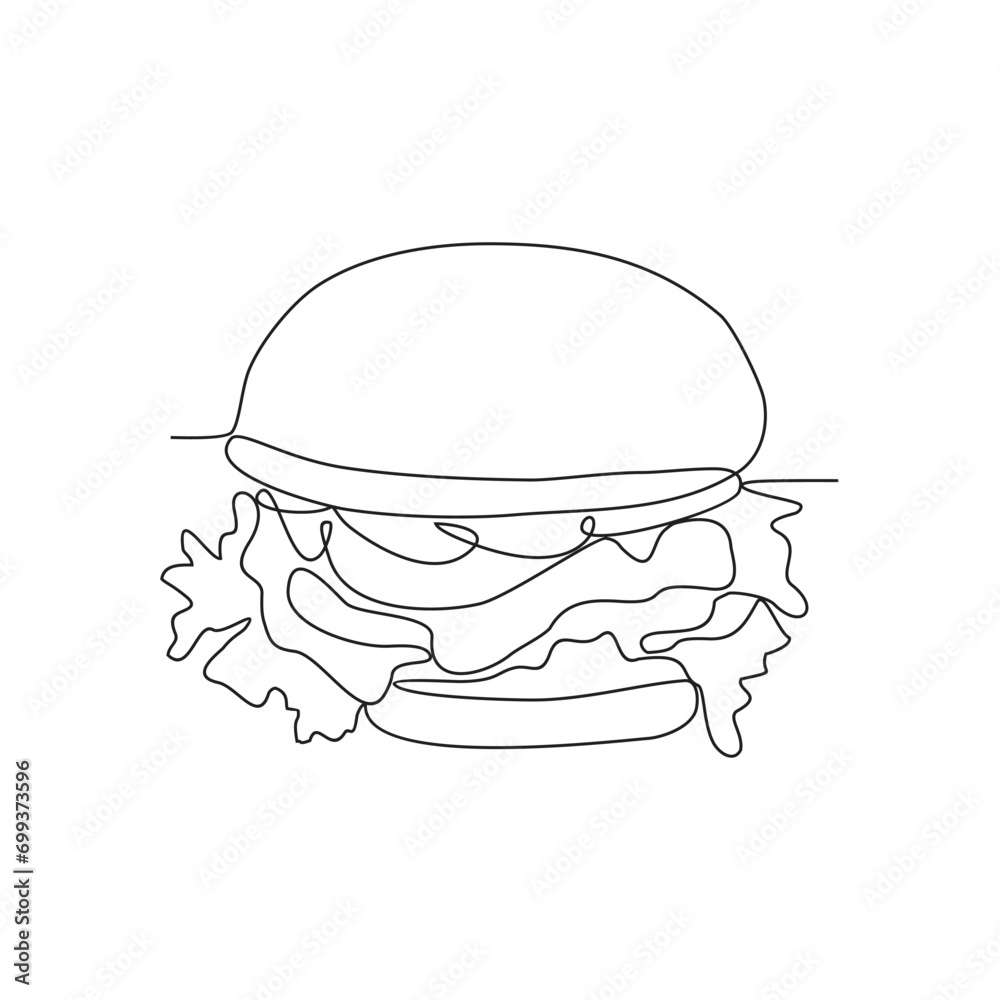 One continuous line drawing of burger on the table in the restaurant vector illustration. Vector design with Minimalist black linear concept. Food themes design for your business asset design.
