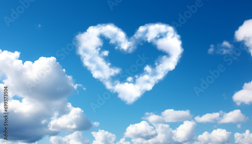Blue sky, fluffy clouds, heart shape, summer love generated by AI