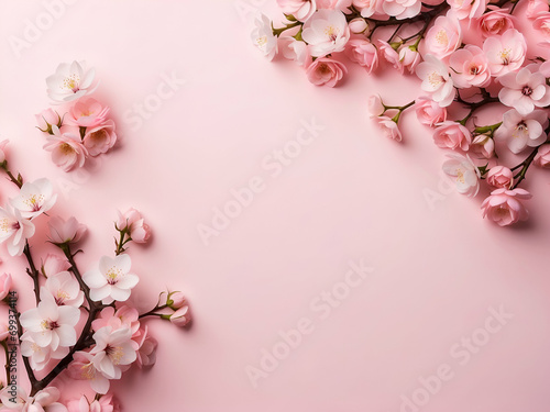 flat lay photo of sakura flowers (cherry blossoms) on bottom left and bottom right of a flat soft pink background with copy space in the middle