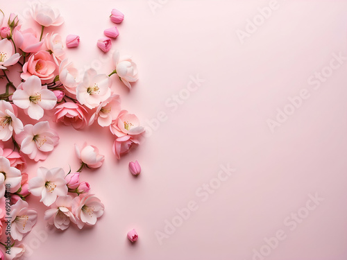 flat lay photo of sakura flowers (cherry blossoms) on bottom left and bottom right of a flat soft pink background with copy space in the right photo