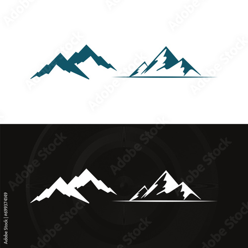 Mountain peak summit logo design. Outdoor hiking adventure icon set. Alpine wilderness travel symbol. Vector illustration.