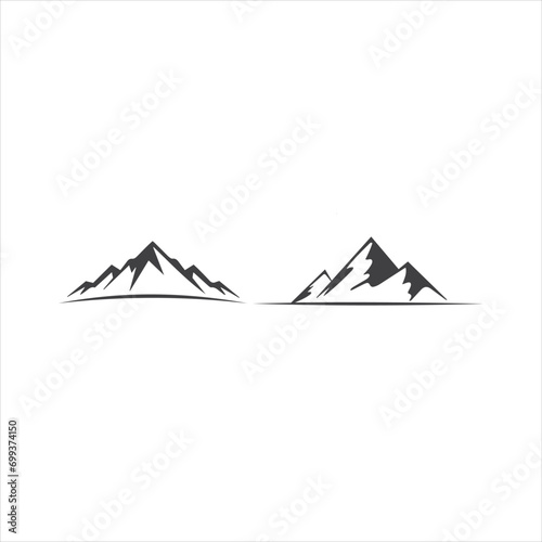 Mountain peak summit logo design. Outdoor hiking adventure icon set. Alpine wilderness travel symbol. Vector illustration.