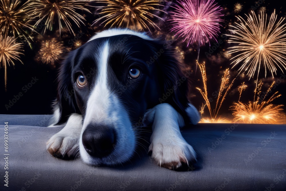 Cachorro assustado com queima de fogos de artifício, gerado com ia. - obrazy, fototapety, plakaty 