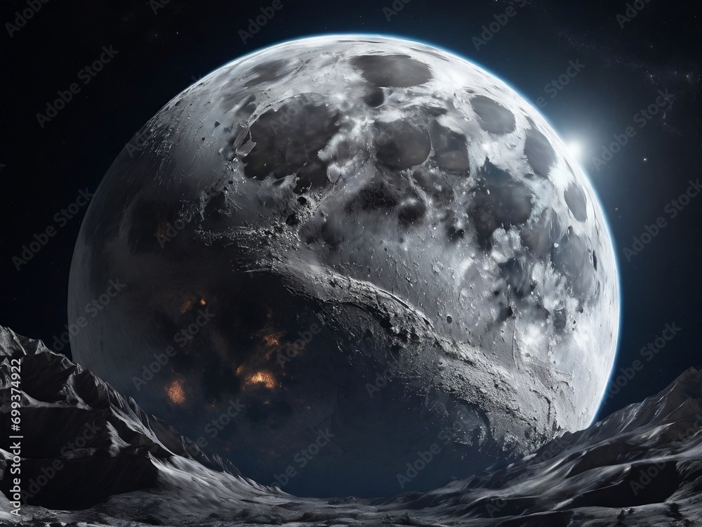 Stunning moon image – celestial beauty as the moon approaches Earth. Perfect for cosmic wonders and astronomical fascination. Unique stock photo. Perfect for moon lovers and space lovers.