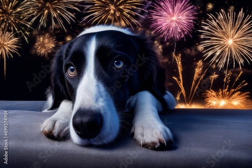 Cachorro assustado com queima de fogos de artifício, gerado com ia.