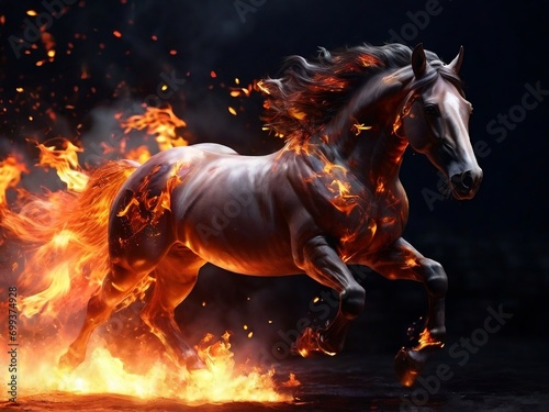 Powerful horse running from fire – strong image for forest fire themes. Ideal for dramatic and impactful visual storytelling. Strong horse running through fire. © isuru