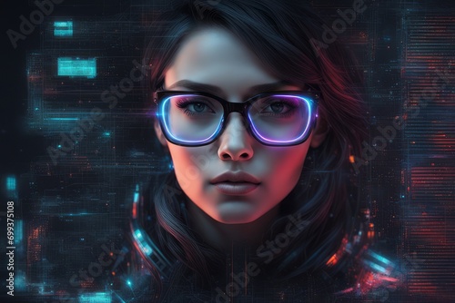 Retrato frontal de uma mulher jovem, com reflexos de tela de neon em seus óculos (gerado om ia (playground) photo