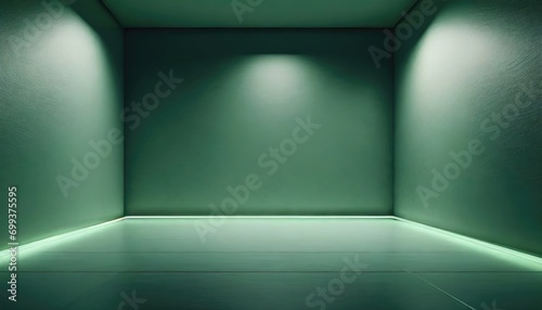 A green neon light with green empty room with wall.