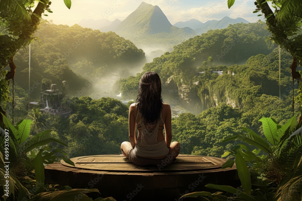 Woman Meditating on a Yoga platform in a lush tropical jungle landscape in her search for Spiritual Enlightenment, Compassion, Love, and Inner peace. A representation of Devotion, Solitude and Grace - obrazy, fototapety, plakaty 