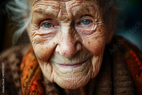 A portrait of an elderly woman with smile and wrinkles © Tejay