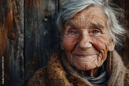 A portrait of an elderly woman with smile and wrinkles photo