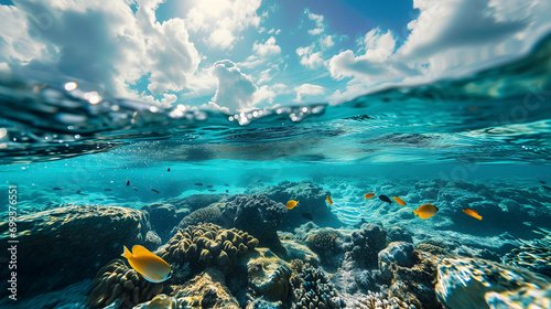 水面の上が青空、2分割された下半分が泡と珊瑚がある南国の海の中を熱帯魚が泳いでいる水中写真