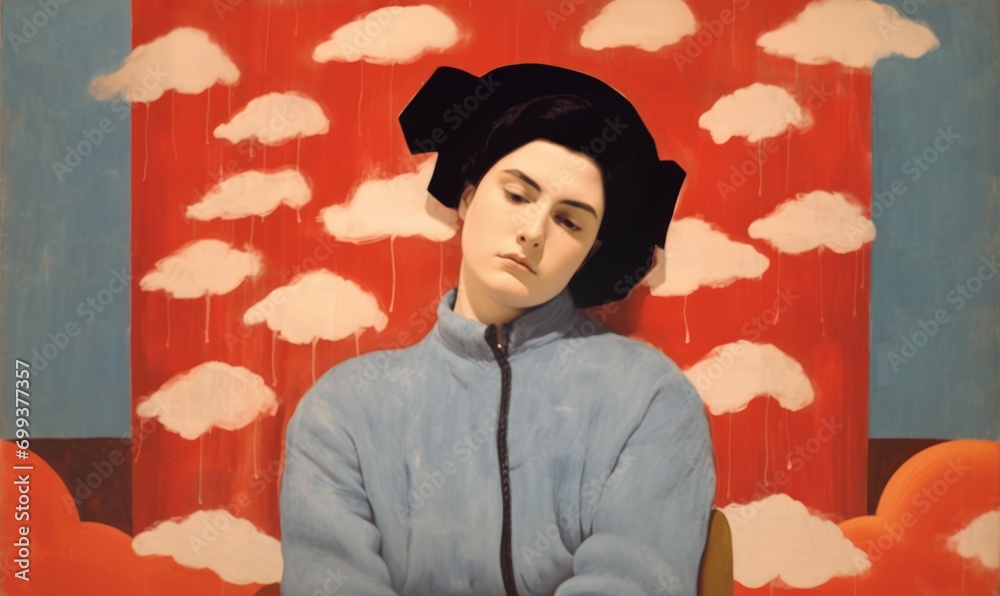 Obraz premium Head in the Clouds, Lost in the Clouds, Dreaming Art, Modern Surreal Painting, Person with Eyes Closed, Acrylic and Gouache, Modern Art, Soft Colours, Pastels, Dreamy, Peaceful, Weird, Arty, Bizarre
