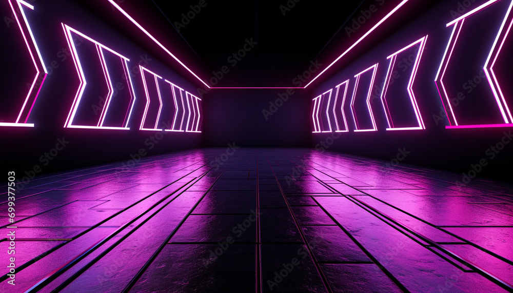 Futuristic neon corridor, bright blue wall, empty stage generated by AI
