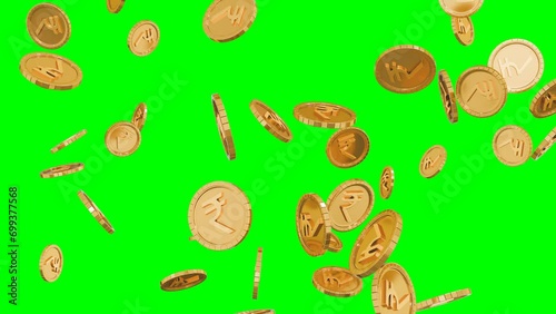 Gold coins with Rupee symbol - 3D Render - Green screen video 