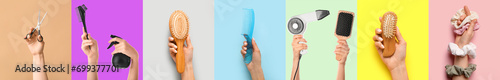 Collage of hands holding hairdressing supplies on color background