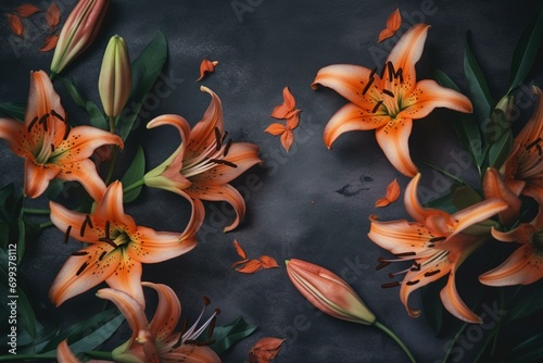 Background with orange lily flowers. Generative AI