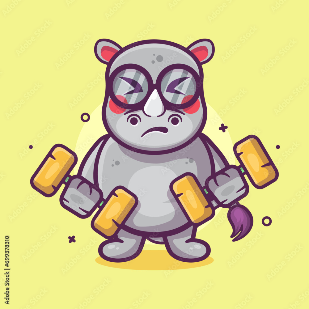 funny rhino animal character mascot doing bodybuilding using dumbbell isolated cartoon 
