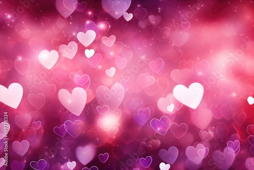 Blurred glittering hearts and lights. Gradient pink and purple abstract backdrop. Romantic and love concept. Valentines day background for design greeting card, banner, flyer, poster