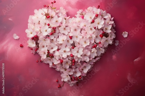 Heart symbol made of cherry flowers on pink background. Valentines day, wedding, anniversary celebration or romantic visual trend. Present for Woman day. Creative love concept with copy space