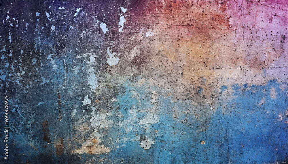 Abstract rusty metal plate with vibrant blue spots generated by AI