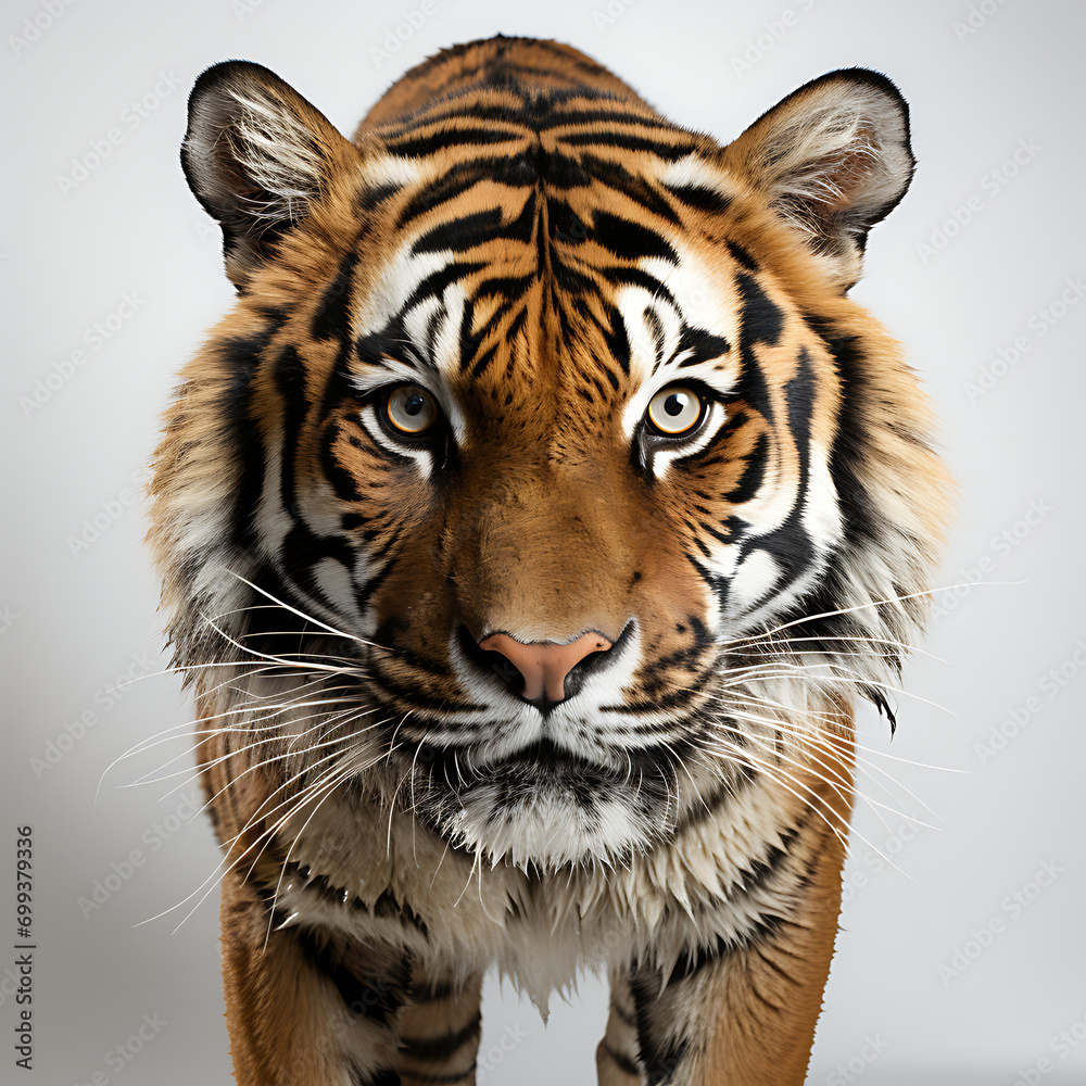 Fototapeta premium Tiger, front view, white background.