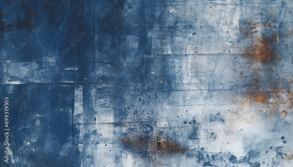 Dirty blue wall with rusty scratched metal plate generated by AI