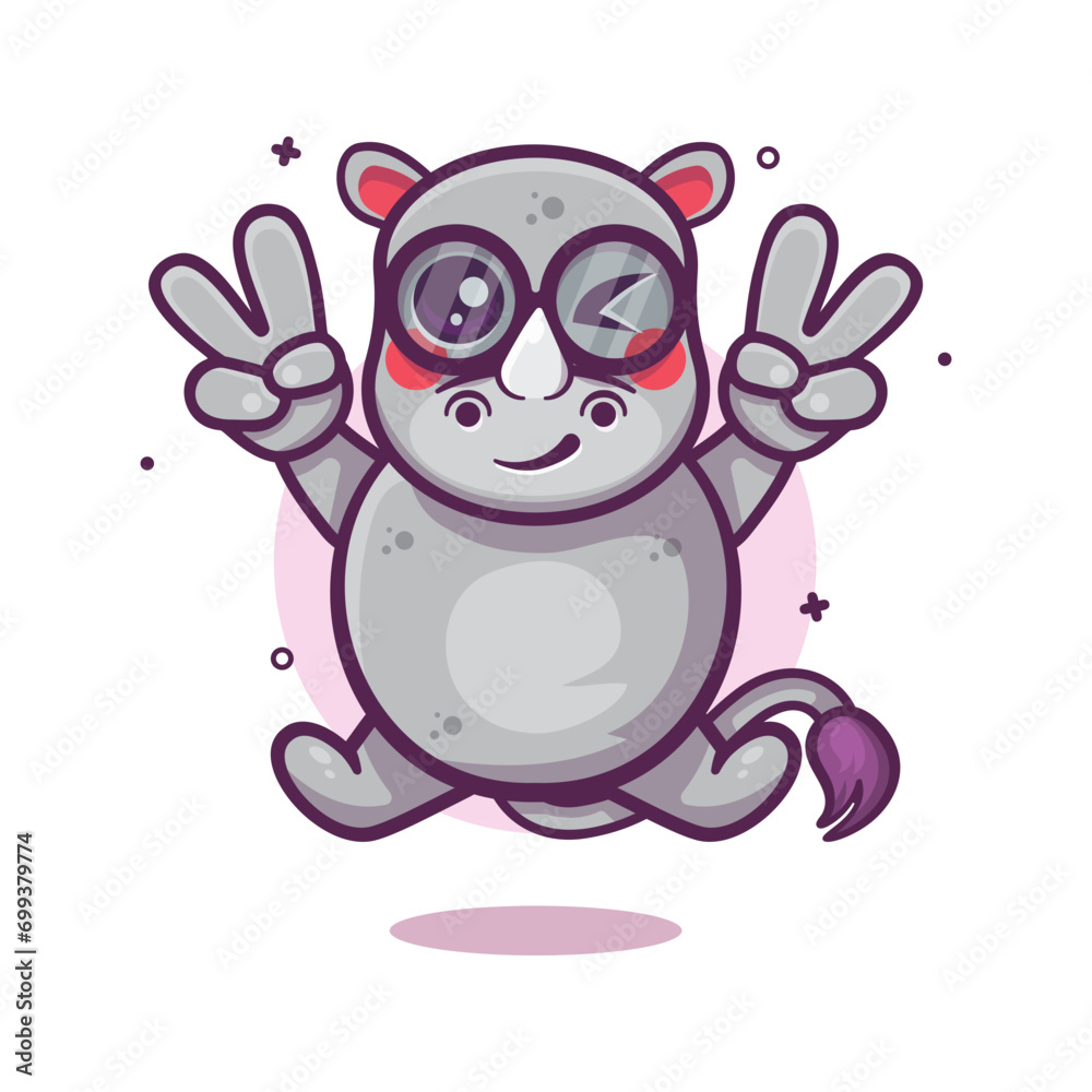 Obraz premium cheerful rhino animal character mascot with peace sign hand gesture 