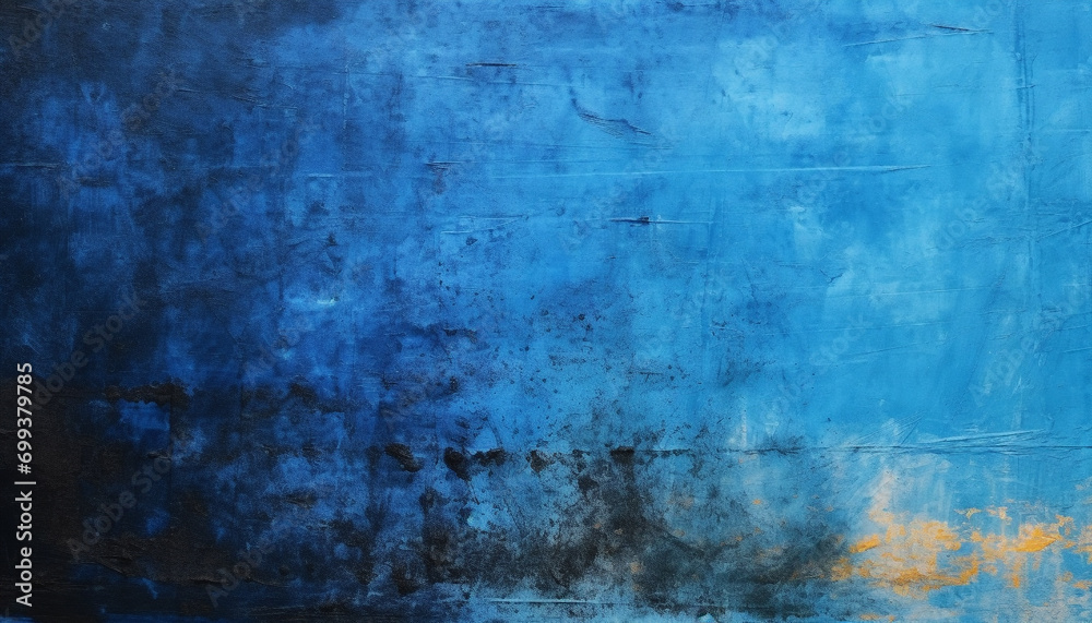 Blue abstract wall with rusty, stained, weathered design generated by AI