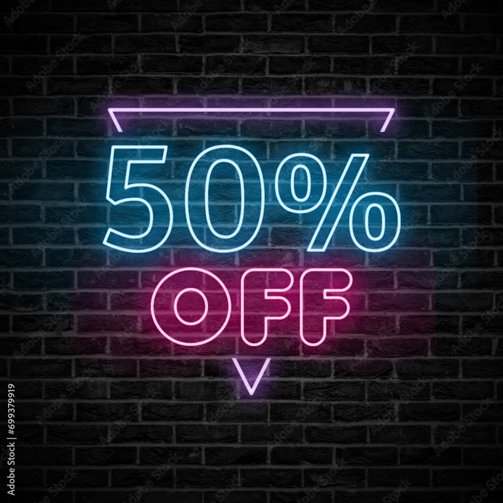 50 percent discount neon sign on brick wall background. Discount rema design with inverted triangle frame.
