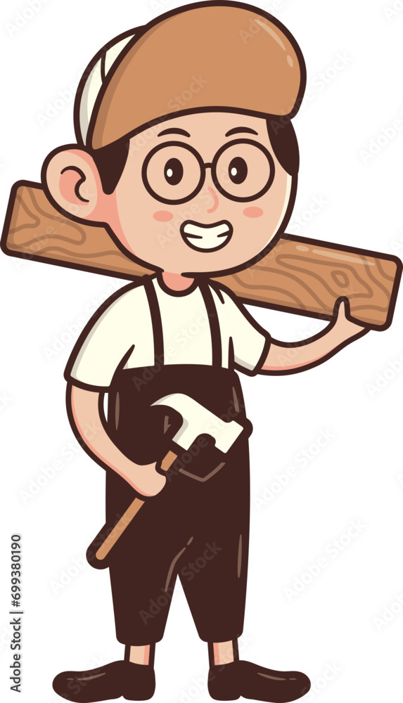 Cute Kawaii Male Carpenter Holding a Wooden Plank and Hammer