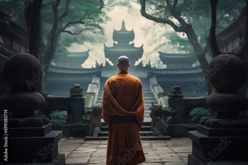 Zen monk in walking Meditation  practicing Mindfulness and Contemplation in his search for Spiritual Enlightenment   Compassion  Love  and Inner Peace