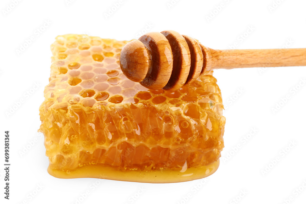 Sweet honeycomb and dipper on white background Sweet honeycomb and dipper on white background
