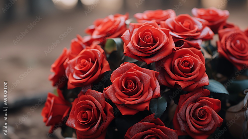 Obraz premium red roses, rose bouquet, bruch of rose, valentine's day. Generated AI.