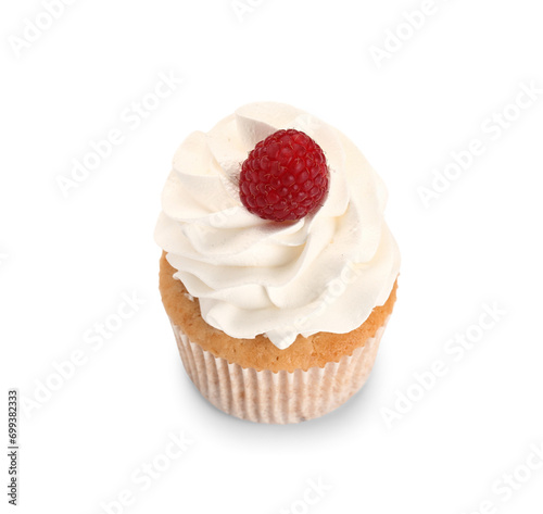 Tasty raspberry cupcake on white background