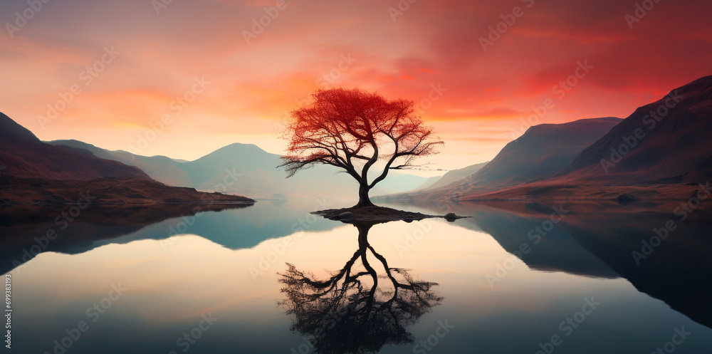 A beautiful view of a lone leafless tree in a river with shadows. with a beautiful colored atmosphere