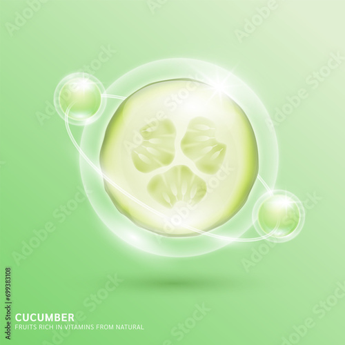 Green cucumber slice in bubble surrounded by collagen solution hyaluronic acid serum for cosmetic beauty nutrition. Fruits rich in vitamins from natural. Vitamin C essential to the health skin care.