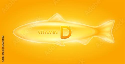 Vitamin D cod liver oil. Extracted from nature fish salmon and Swordfish. Vitamins essential to the health for the body. For dietary nutritional supplement. On orange background. Vector.