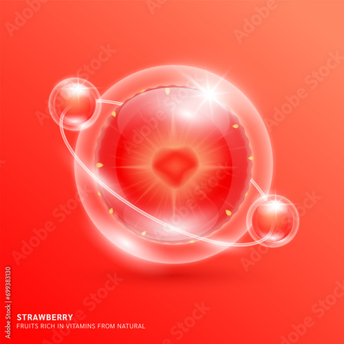 Red strawberry slice in bubble surrounded by collagen solution hyaluronic acid serum for cosmetic beauty nutrition. Fruits rich in vitamins from natural. Vitamin C essential to the health skin care.
