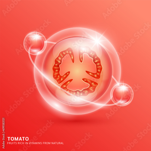 Red tomato slice in bubble surrounded by collagen solution hyaluronic acid serum for cosmetic beauty nutrition. Fruits rich in vitamins from natural. Vitamin A essential the health skin care. Vector.