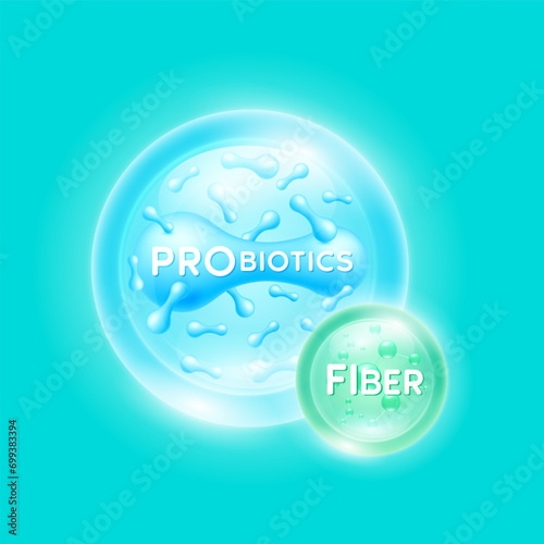 Probiotics bacteria blue and green fiber. Good bacterial flora for stomach and intestine for designing dietary supplements healthy nutrition. Health care immunity support. Vector EPS10.